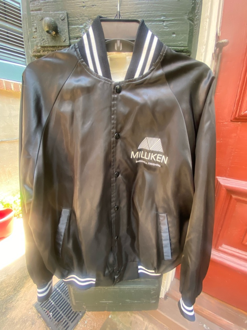 Vintage Milliken Black Satin Bomber Jacket with Striped Trim XL
